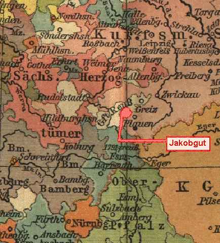 Das Jakobgut liegt in Oadien und Oadien liegt fast an der Grenze von Sachsen zum Gro�f�rstentum Reu� (heute Th�ringen)